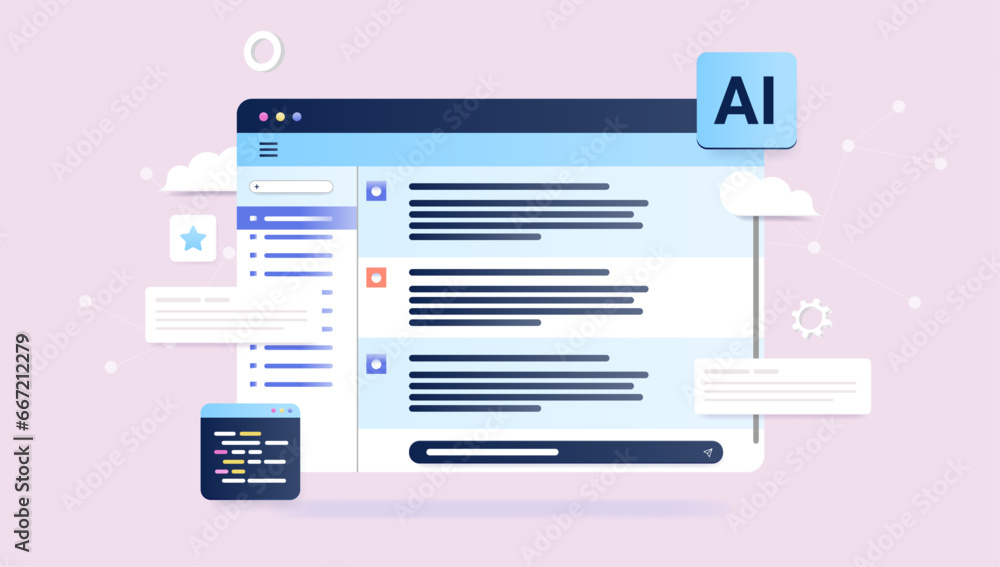 Poster Artificial intelligence chat - Web browser with abstract Ai chatting text on screen. Decorative semi flat design vector illustration