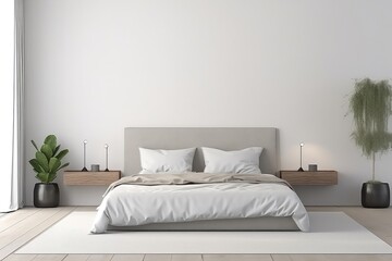 Minimalist Bedroom With White Bed And Mirror
