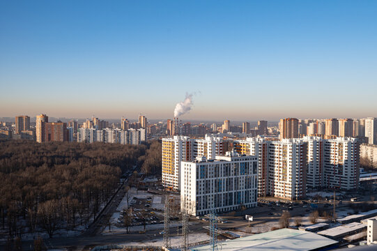 Panoramic view of new Khimki from the roof. Construction of a new modern district. Moscow oblast. Khimki. Russia.