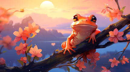 3d render of yellow frog sitting on a branch with blooming flowers.  - obrazy, fototapety, plakaty
