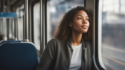 Pensive young woman, happily gazing out the window during her morning commute on an urban light rail