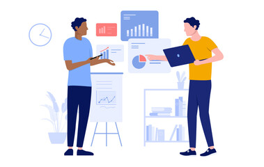 Two people working with charts and data - Characters with computer looking at financial graph and diagram analysing results. Flat design vector illustration with white background
