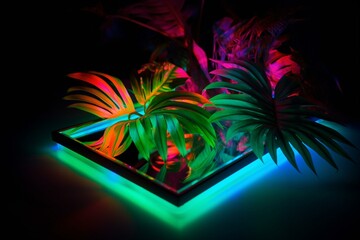 Illuminated tropical leaves in fluorescent light within a neon frame. Generative AI