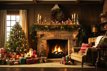 Xmas interior with fireplace and candles - 667213267