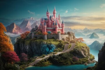 Fototapeta premium Enchanted Island: Vibrant Fantasy Castle