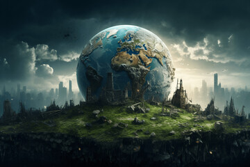 Planet Earth in the middle of a destroyed city. Concept of climate change. Generative IA