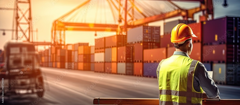 Poster engineer at commercial dock checks loading of freight cargo using laptop ensuring safety in logistic
