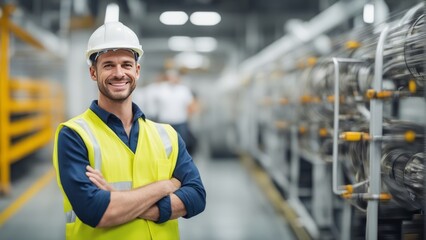 Portrait of a happy european factory worker wearing hard hat and work clothes - obrazy, fototapety, plakaty