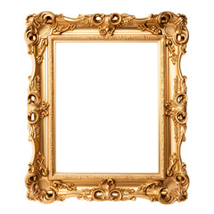 Vintage gold picture frame, vertical rectangle picture frame isolated on transparent background