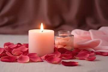 Obraz na płótnie Canvas A Candle And Rose Petals