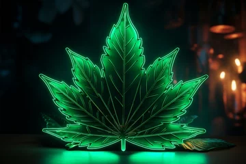 Fotobehang Brand identity pops with a green neon cannabis leaf logo © abdulmoizjaangda