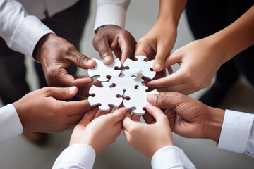 Business hands, puzzle and group of people for solution, teamwork and goals, integration and success. Team building, synergy and collaboration