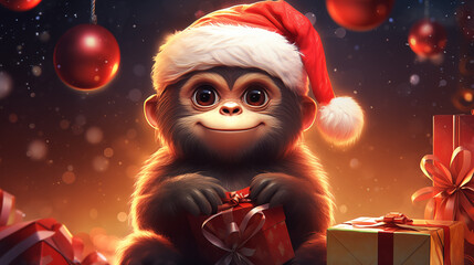 Tiny Cute KAWAI Gorilla Wearing Adorable Christmas Outfit