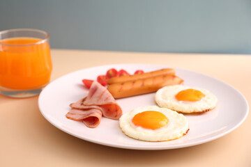 breakfast egg fried ham and sausage breakfast in studio shooting