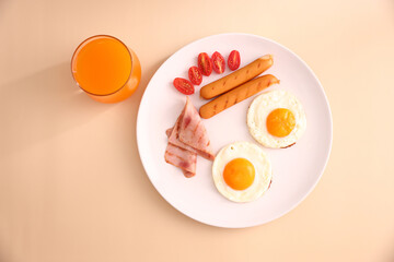 breakfast egg fried ham and sausage breakfast in studio shooting