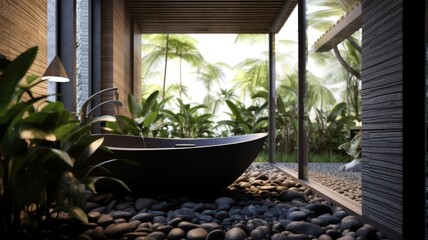 The interior design of wooden and pebbles bathroom style and square bathtub in dark tone color with nature view. Generative AI image AIG30.