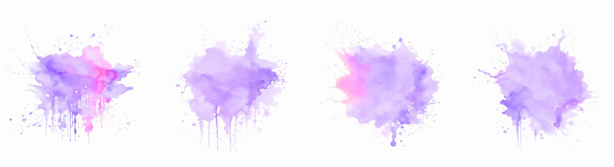 Splashes on white, Set purple watercolor, Vector watercolor stain pastel color set, Set Abstract watercolor background with splashes