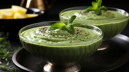 Breakfast smoothie: A nutritious green smoothie topped with a sprinkle of chia seeds, promoting the goodness of liquid meals