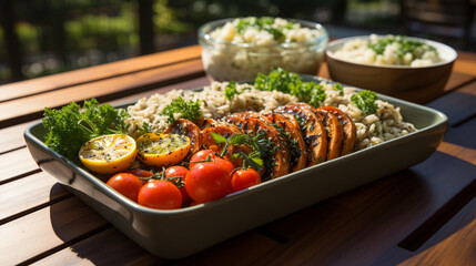 Nutrient-packed lunch: A wholesome lunch box with a variety of whole foods like brown rice, roasted vegetables, and grilled chicken, encouraging mindful eating