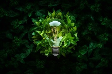 Top view of green lightbulb made of fresh leaves, symbolizing renewable energy, sustainable living, and love for nature. Generative AI