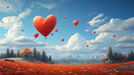 Red hearts flying in the sky against the backdrop of fabulous landscape