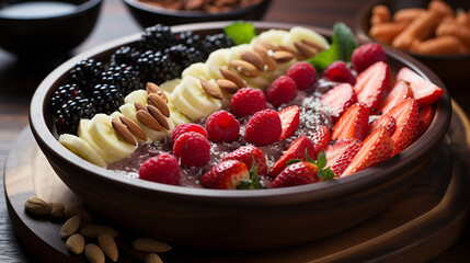 Smoothie bowl art: A beautifully arranged smoothie bowl topped with sliced fruits and nuts, emphasizing the art of healthy food presentation
