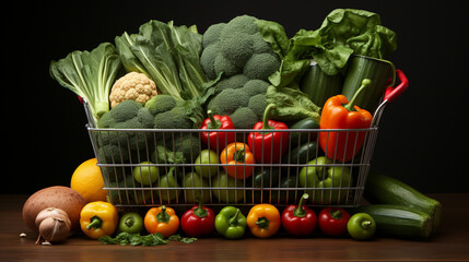 Grocery essentials: A shopping cart filled with whole foods, grains, fruits, and vegetables, advocating for conscious grocery shopping