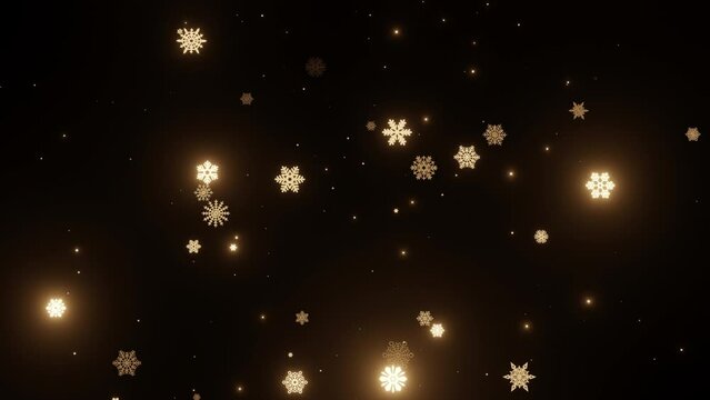 gold snowFlake falling on black background, glitter glowing animation