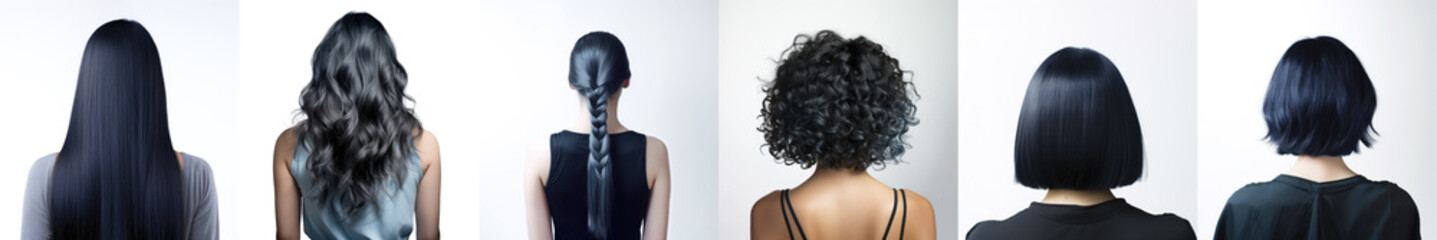 Various haircuts for woman with bluish dark hair - long straight, wavy, braided ponytail, small perm, bobcut and short hairs. View from behind on white background. Generative AI - obrazy, fototapety, plakaty