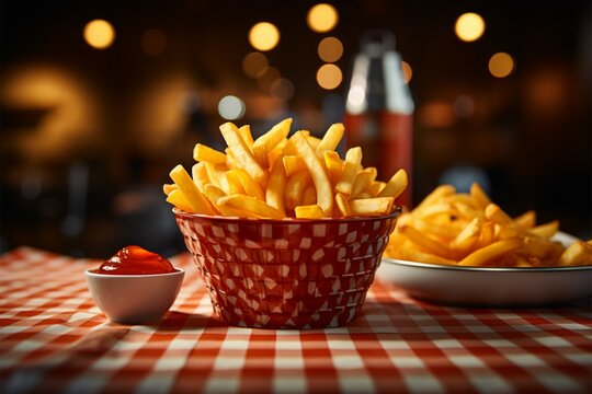 French fries in a retro diner basket, set against checkered backdrop