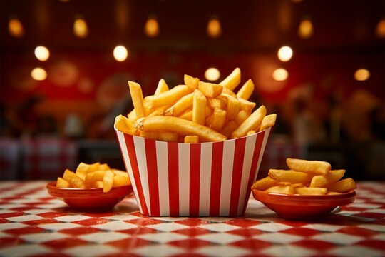 French fries in a retro diner basket, set against checkered backdrop