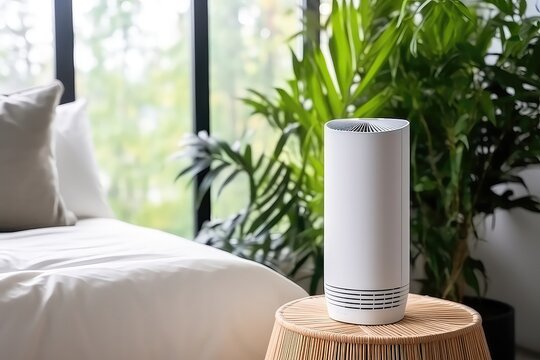 White Modern Design Air Purifier In Bedroom With Tropical Palm Tree