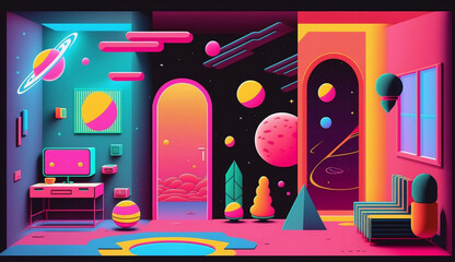 neon retro room and space landscape , new quality stock image illustration desktop wallpaper design, Generative AI