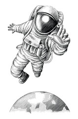 Astronaut hand drawing engraving style black and white clip art1