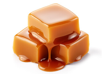 Three pieces of toffee topped with melted caramel isolated on a white background.