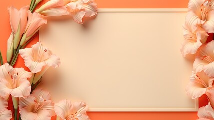  a white square frame with pink flowers on an orange background.  generative ai