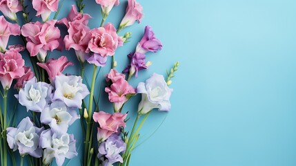  a bunch of pink and purple flowers on a blue background.  generative ai