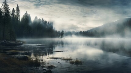 A dense blanket of fog hovering over a silent lake, evoking a sense of mystery.