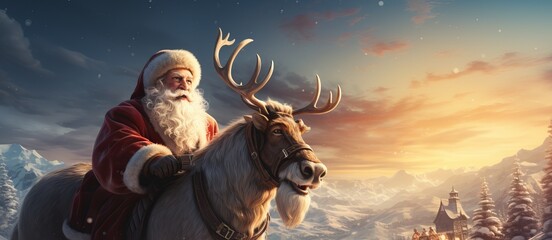 A man with a white beard, Santa Claus flies across the sky in a sleigh and with reindeer. Festive character symbol of Christmas and New Year. Good-natured active old man