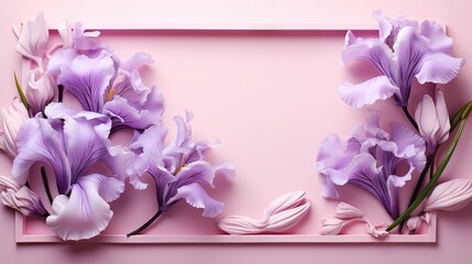  a pink frame with purple and white flowers on a pink background.  generative ai