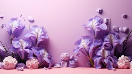  purple flowers on a pink background with drops of water on them.  generative ai
