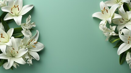  a bouquet of white lilies on a green and blue background.  generative ai