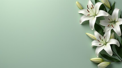 Fototapeta na wymiar a bunch of white lilies on a green background with space for text. generative ai