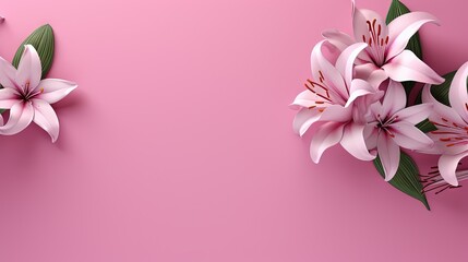  pink flowers on a pink background with green leaves and stems.  generative ai