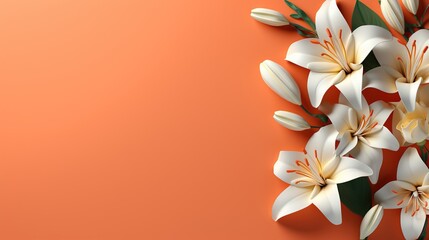  a bunch of white flowers on an orange background with space for text.  generative ai