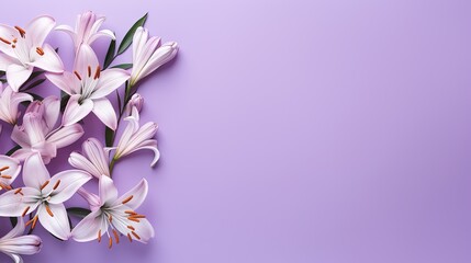  a bouquet of pink flowers on a purple background with space for text.  generative ai