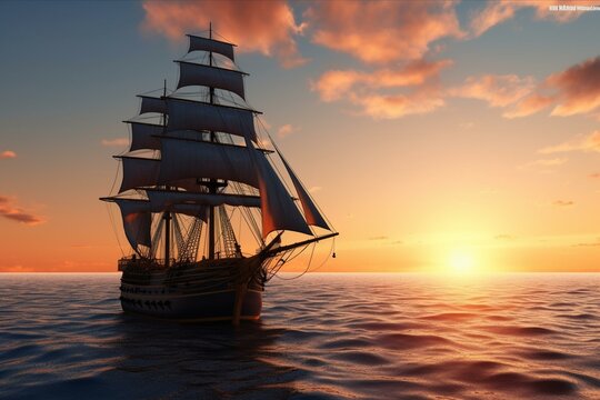 Ship sailing on sea during sunset. 3D rendered illustration. Generative AI