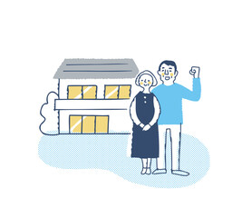 家の前で立っている笑顔のシニアカップル