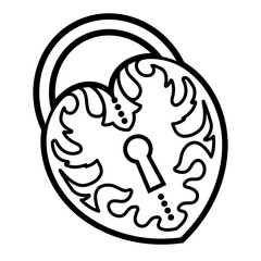An outline illustration of a fancy heart shaped lock. 