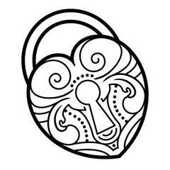 An outline illustration of a fancy heart shaped lock. 